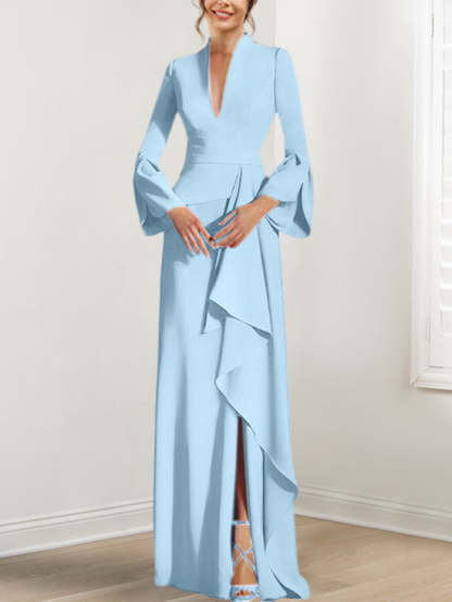 V-Neck Floor-Length Mother of the Bride Dress With Side Split and Long Sleeves