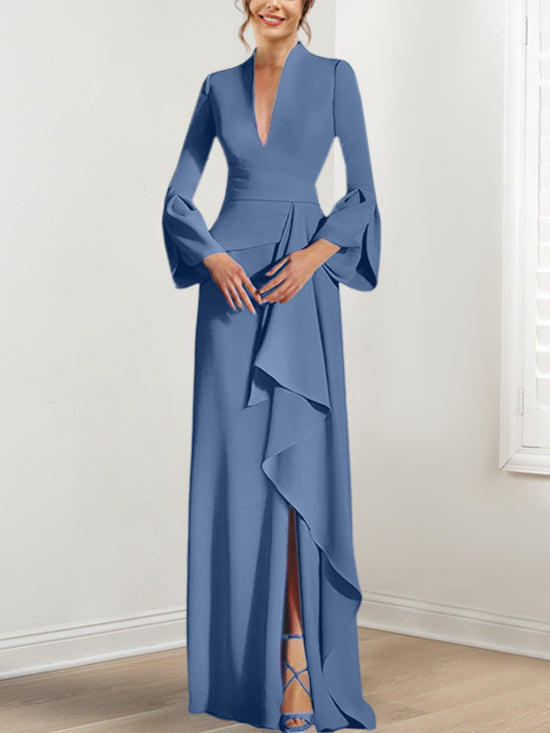 V-Neck Floor-Length Mother of the Bride Dress With Side Split and Long Sleeves