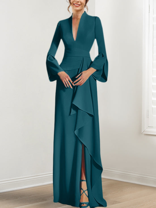 V-Neck Floor-Length Mother of the Bride Dress With Side Split and Long Sleeves