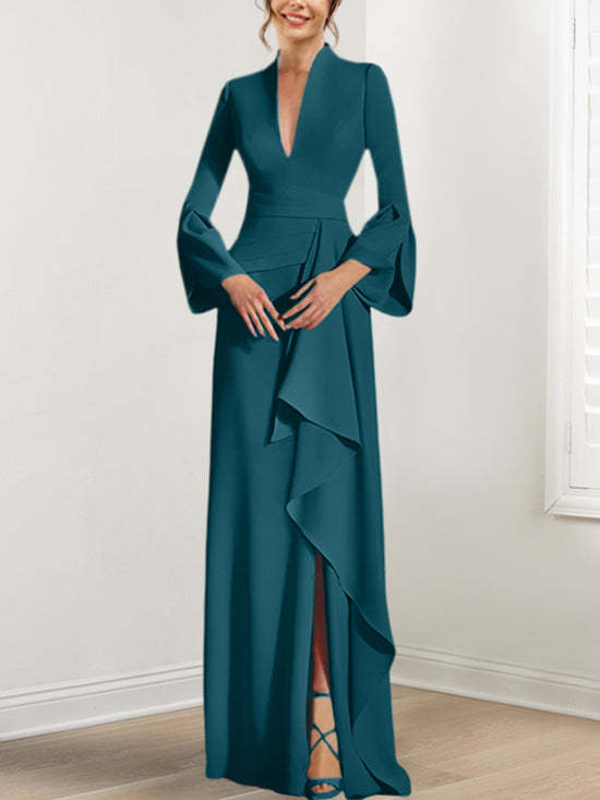 V-Neck Floor-Length Mother of the Bride Dress With Side Split and Long Sleeves
