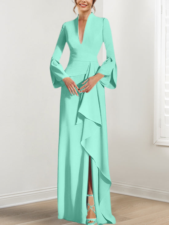 V-Neck Floor-Length Mother of the Bride Dress With Side Split and Long Sleeves