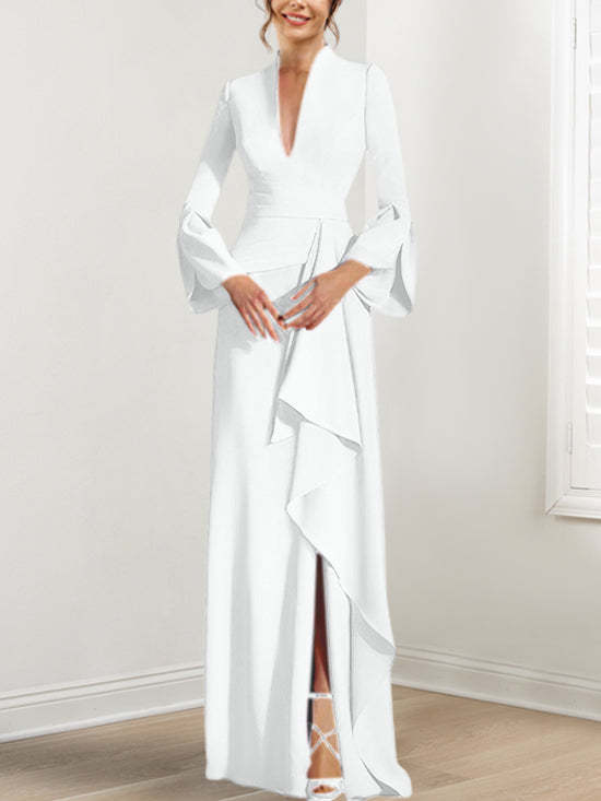 V-Neck Floor-Length Mother of the Bride Dress With Side Split and Long Sleeves