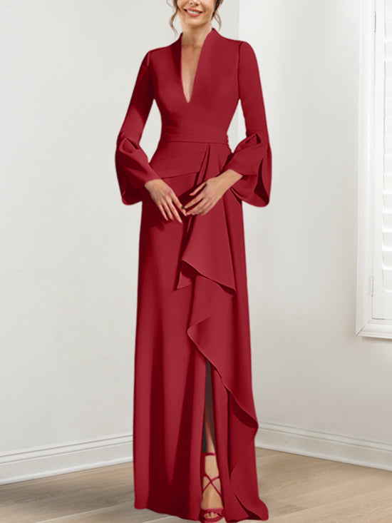 V-Neck Floor-Length Mother of the Bride Dress With Side Split and Long Sleeves