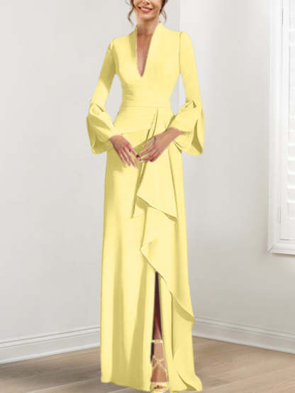 V-Neck Floor-Length Mother of the Bride Dress With Side Split and Long Sleeves