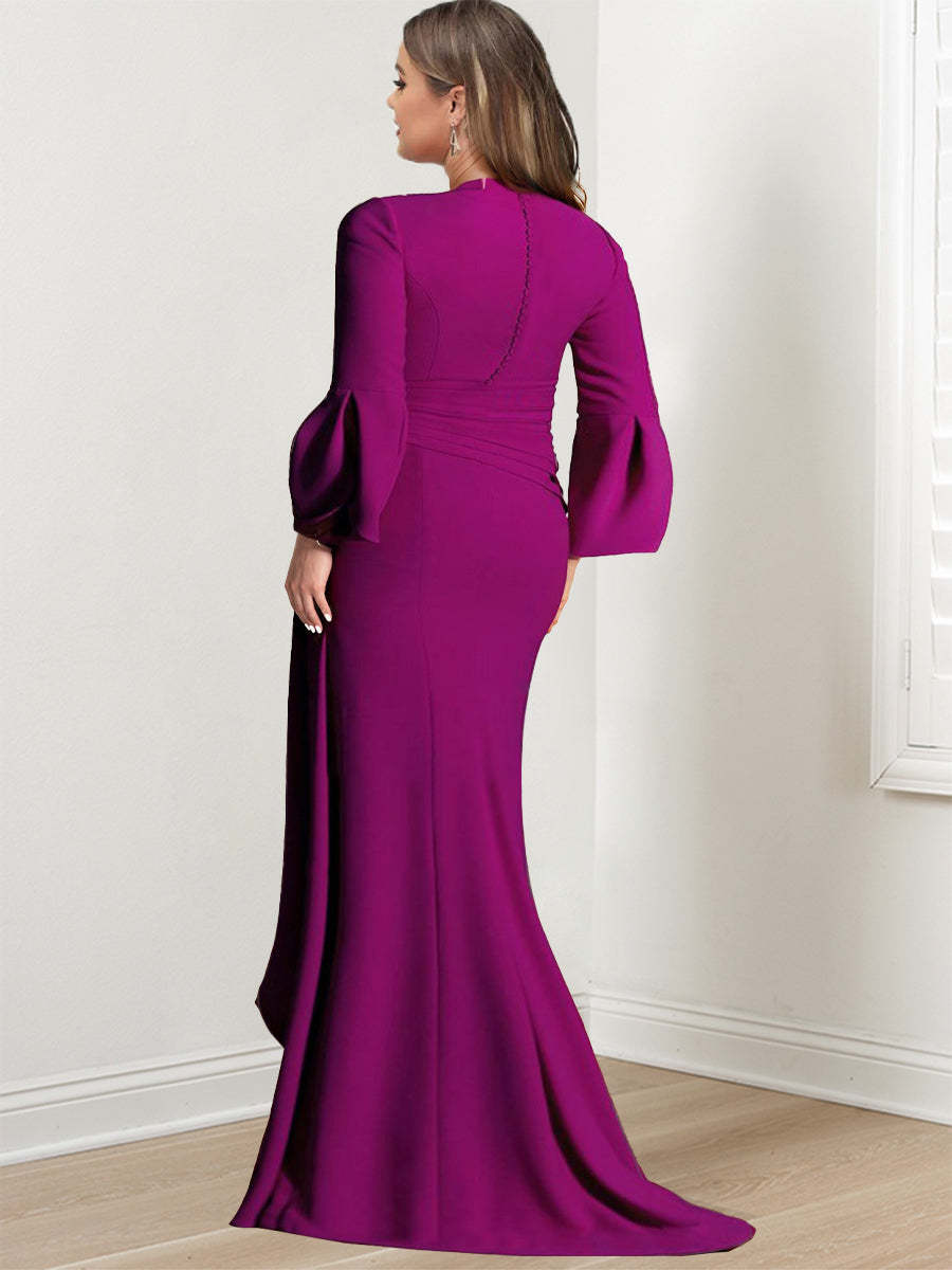 V-Neck Floor-Length Mother of the Bride Dress With Side Split and Long Sleeves