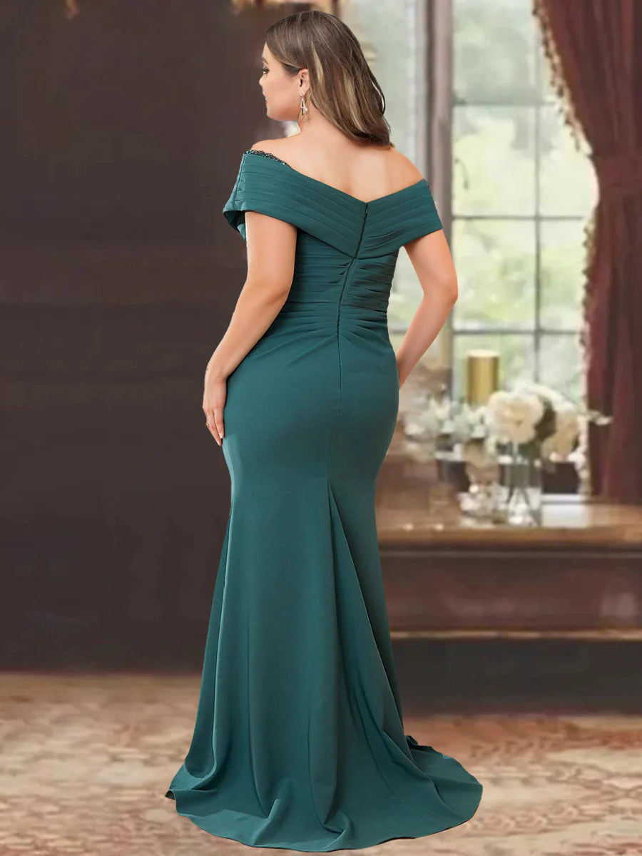 Off-the-Shoulder Ruffled Floor-Length Plus Size Mother of the Bride Column Dress