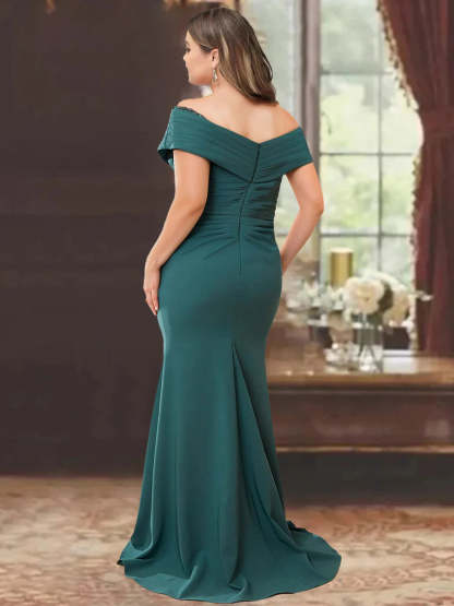 Off-the-Shoulder Ruffled Floor-Length Plus Size Mother of the Bride Column Dress