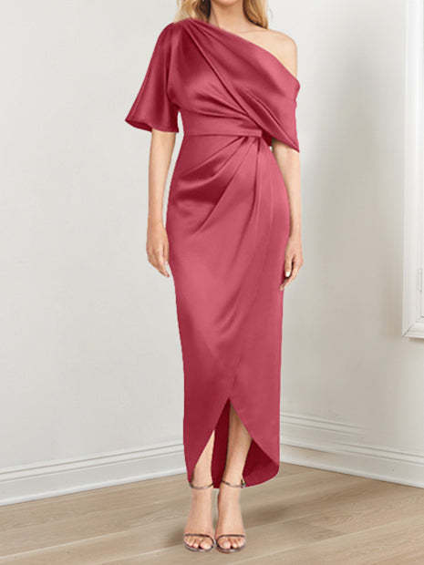 Asymmetrical One-Shoulder Short Sleeve Sheath Dress with Ruffles for the Mother of the Bride