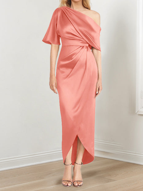 Asymmetrical One-Shoulder Short Sleeve Sheath Dress with Ruffles for the Mother of the Bride