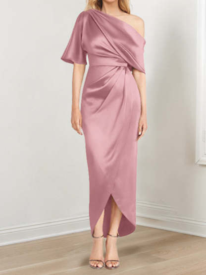 Asymmetrical One-Shoulder Short Sleeve Sheath Dress with Ruffles for the Mother of the Bride