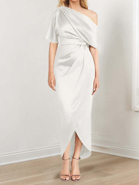 Asymmetrical One-Shoulder Short Sleeve Sheath Dress with Ruffles for the Mother of the Bride