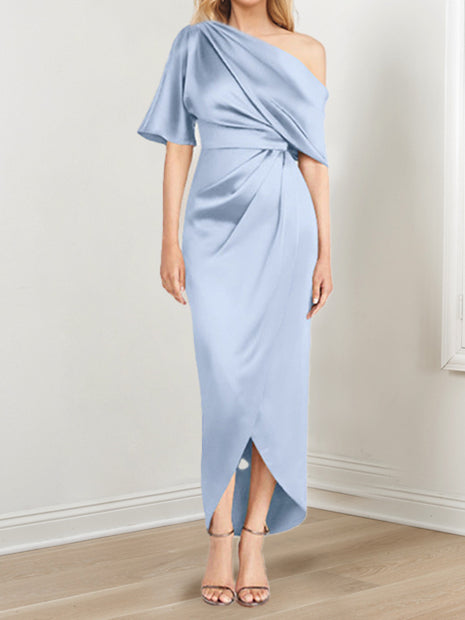 Asymmetrical One-Shoulder Short Sleeve Sheath Dress with Ruffles for the Mother of the Bride