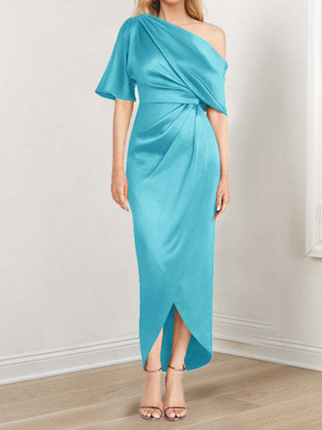 Asymmetrical One-Shoulder Short Sleeve Sheath Dress with Ruffles for the Mother of the Bride