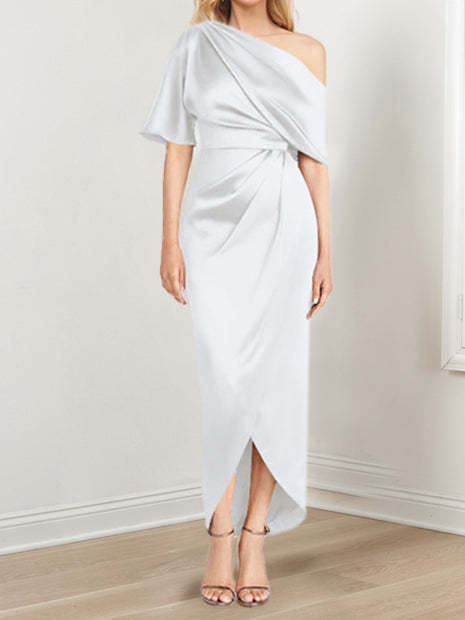 Asymmetrical One-Shoulder Short Sleeve Sheath Dress with Ruffles for the Mother of the Bride