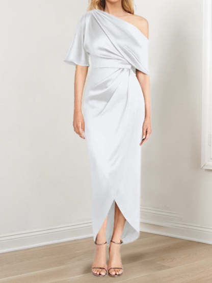 Asymmetrical One-Shoulder Short Sleeve Sheath Dress with Ruffles for the Mother of the Bride
