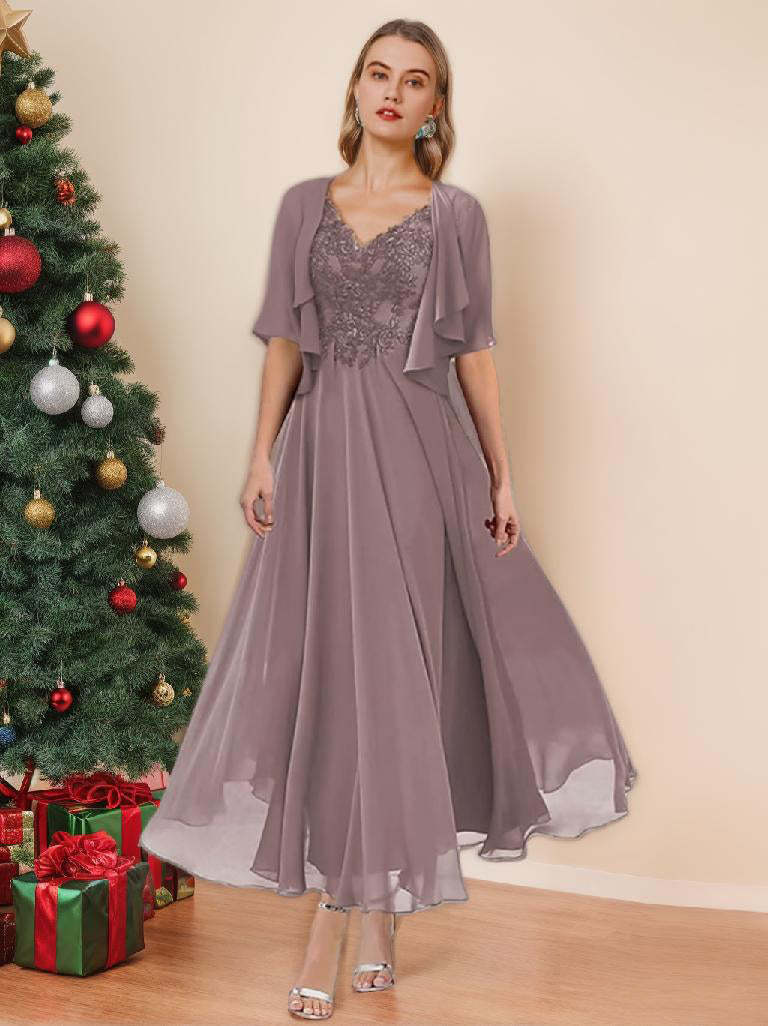V-Neck A-Line Princess Tea-Length Dresses for the Mother of the Bride