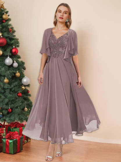 V-Neck A-Line Princess Tea-Length Dresses for the Mother of the Bride