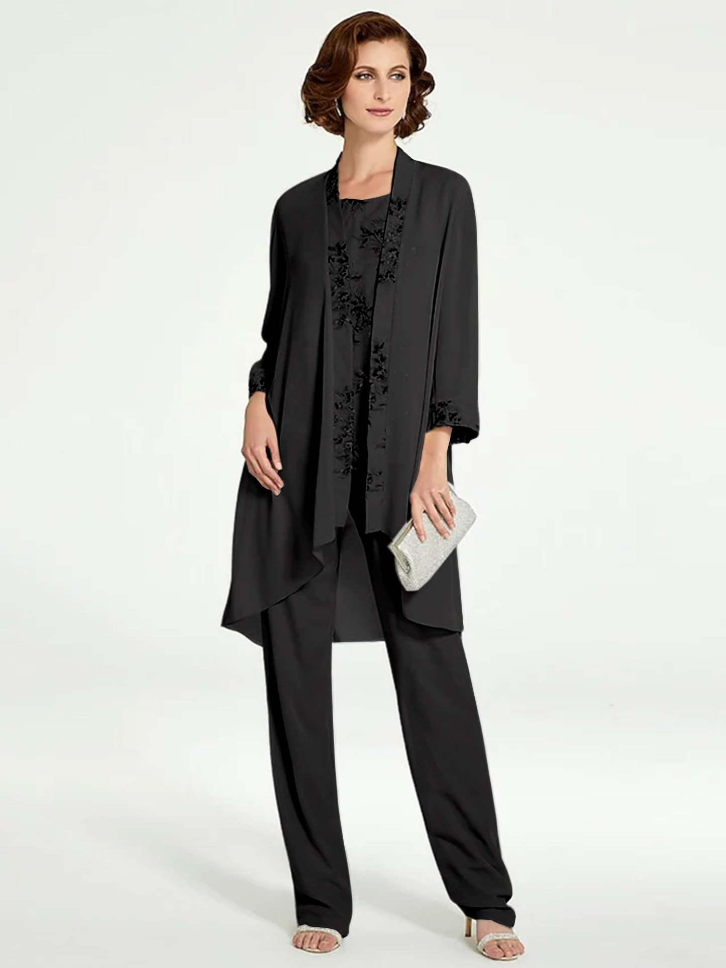 Floor-Length Round Neck Chiffon Pantsuits with Jacket for the Mother of the Bride