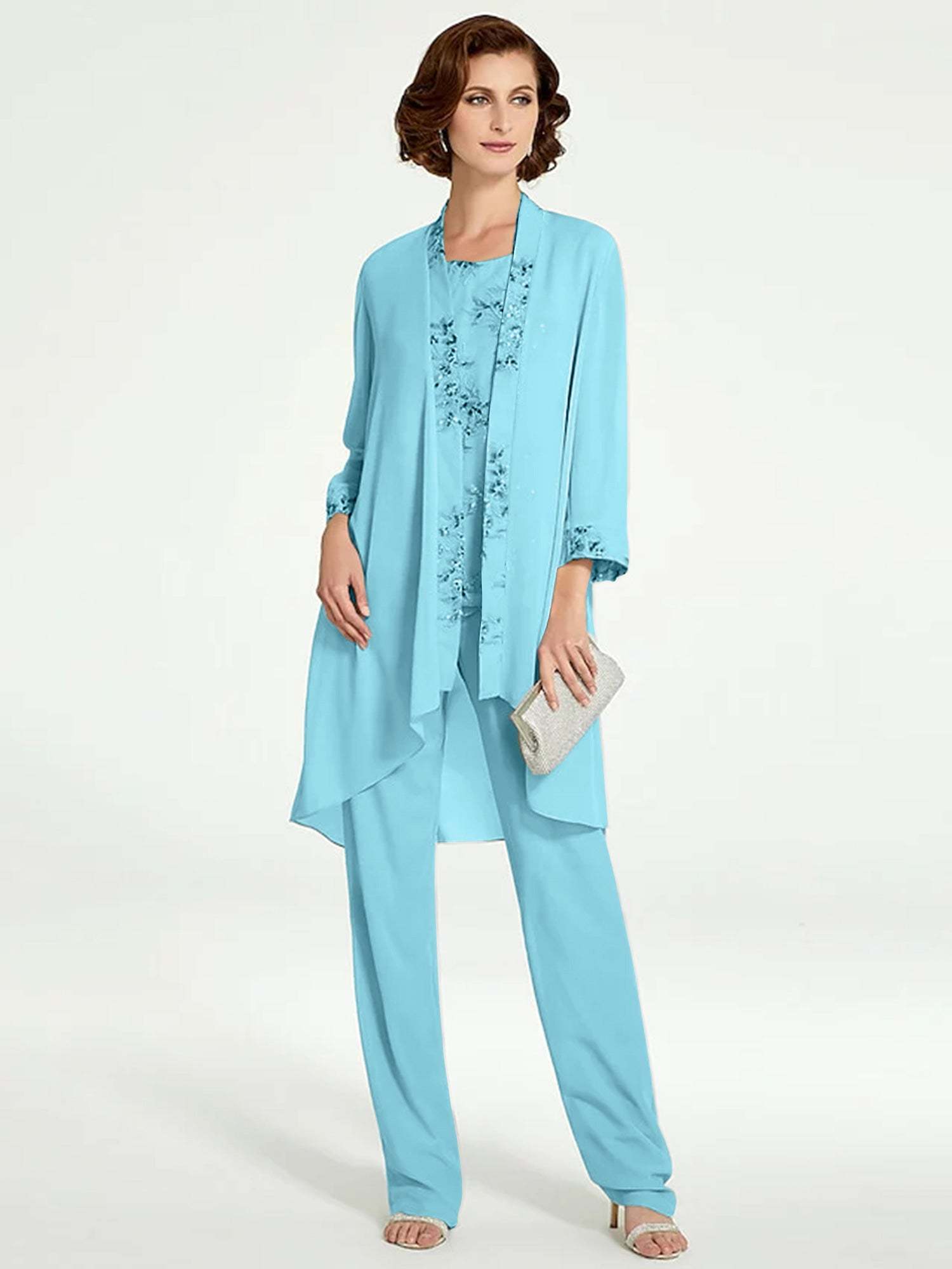 Floor-Length Round Neck Chiffon Pantsuits with Jacket for the Mother of the Bride