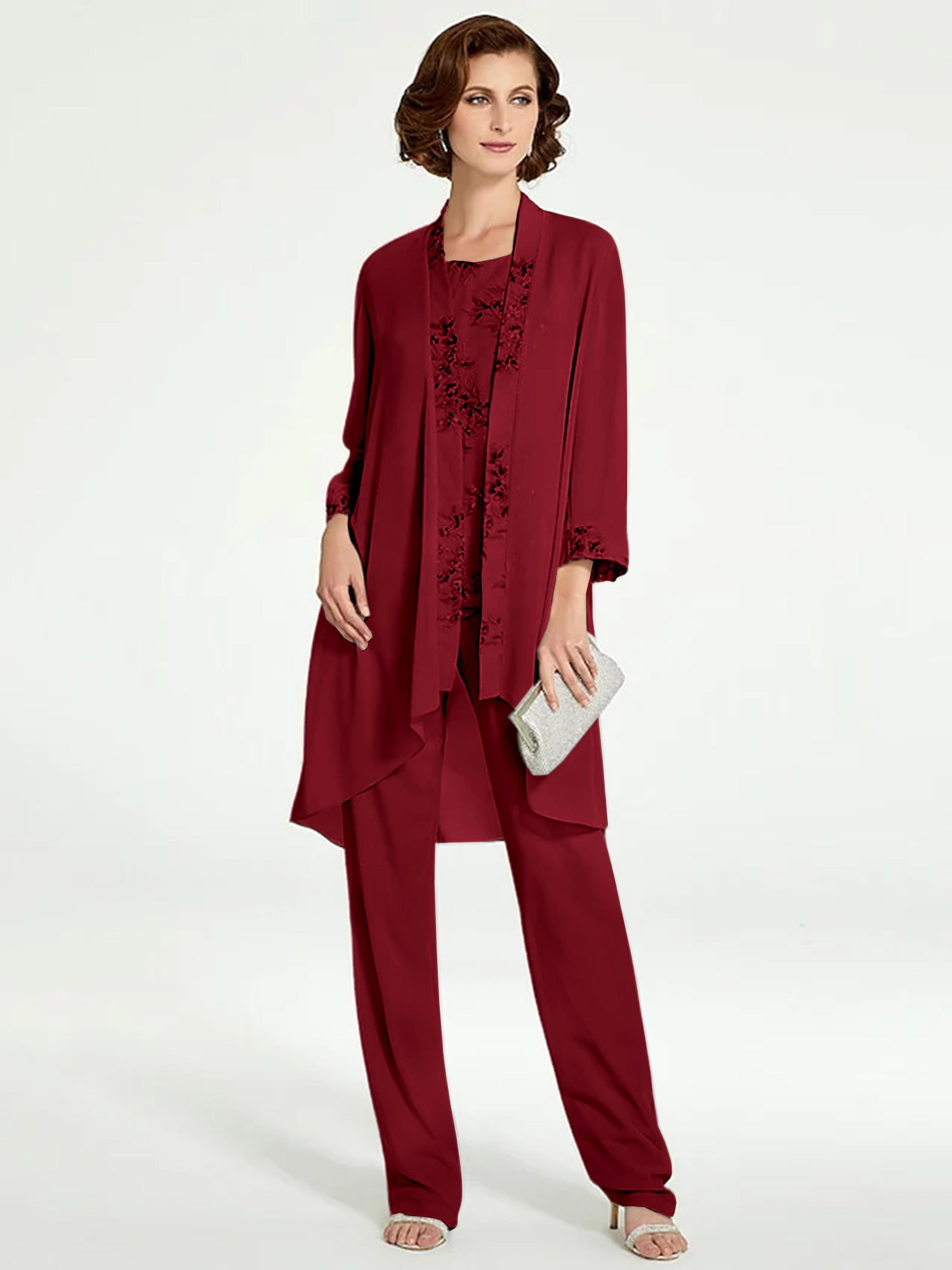 Floor-Length Round Neck Chiffon Pantsuits with Jacket for the Mother of the Bride