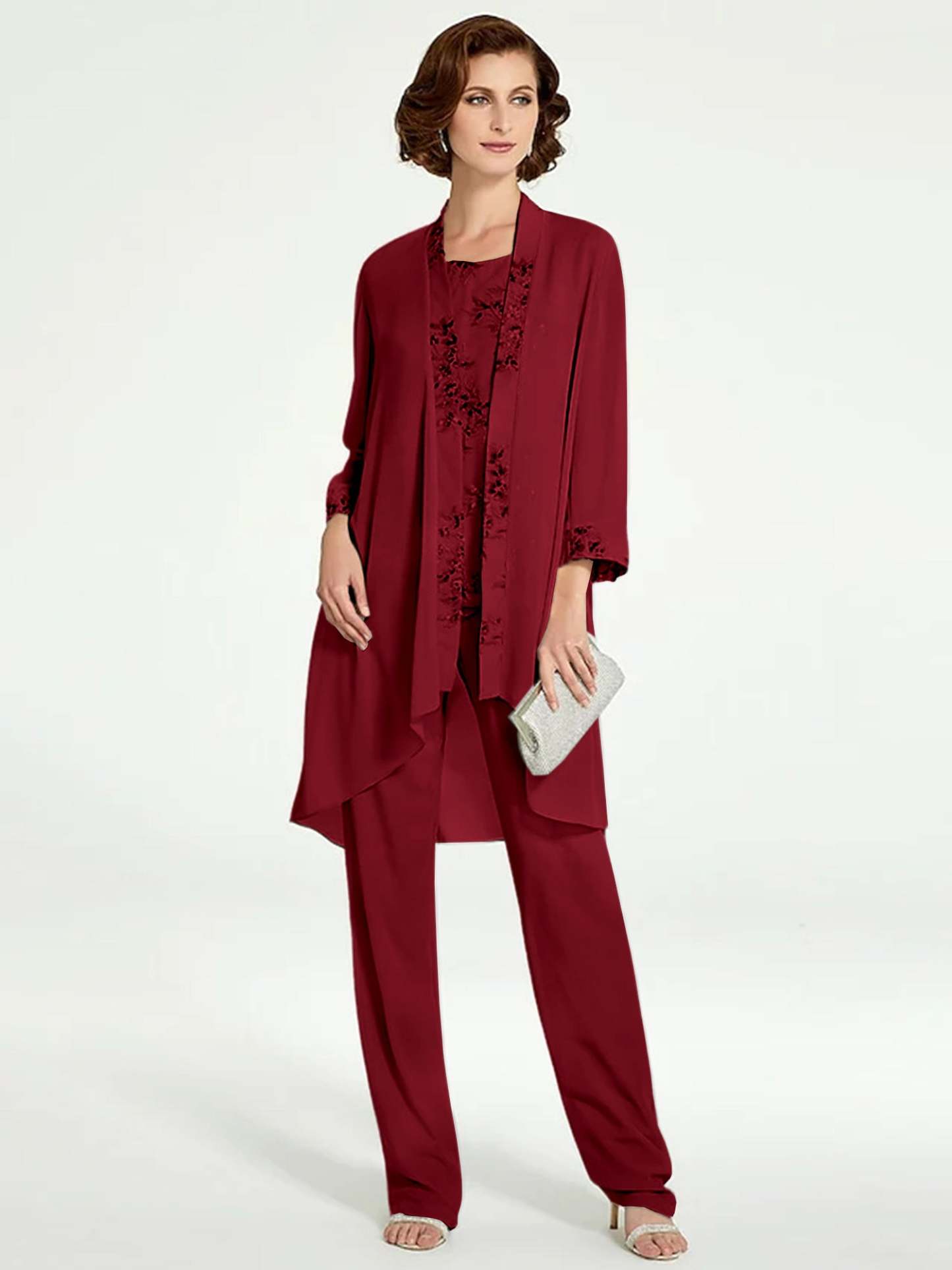 Floor-Length Round Neck Chiffon Pantsuits with Jacket for the Mother of the Bride