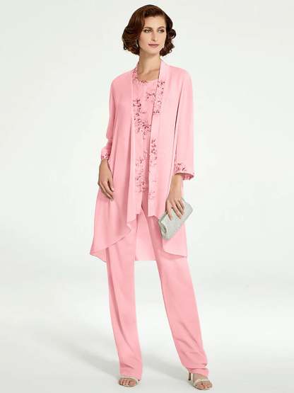 Floor-Length Round Neck Chiffon Pantsuits with Jacket for the Mother of the Bride
