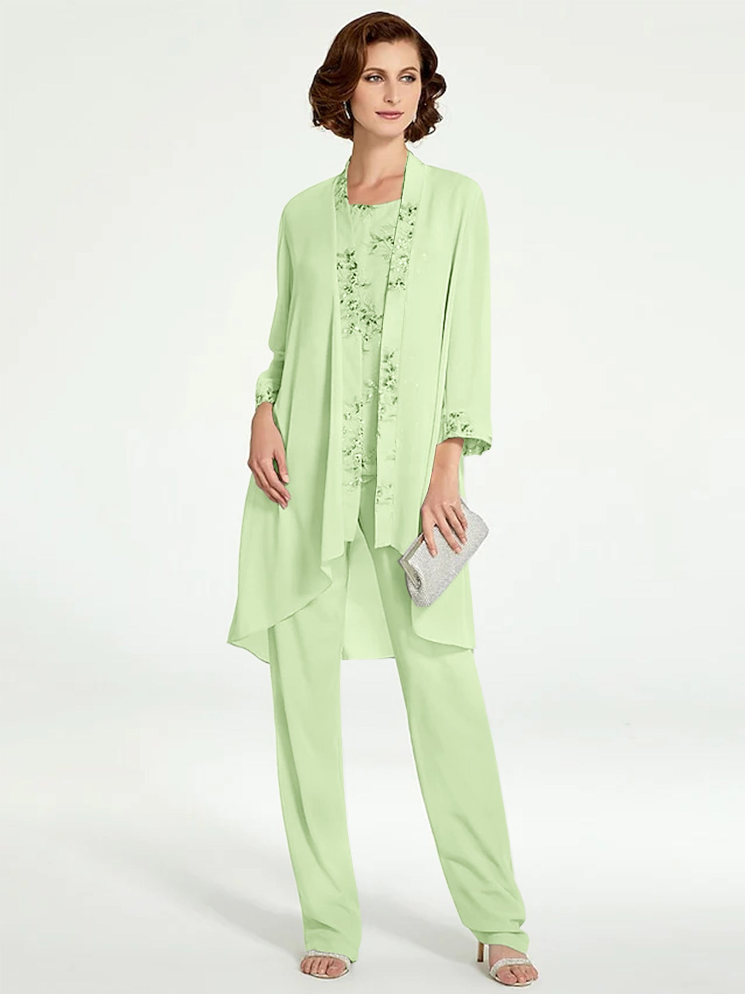 Floor-Length Round Neck Chiffon Pantsuits with Jacket for the Mother of the Bride