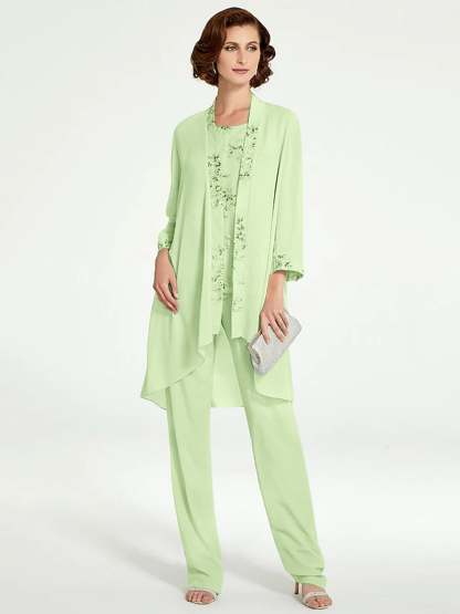Floor-Length Round Neck Chiffon Pantsuits with Jacket for the Mother of the Bride