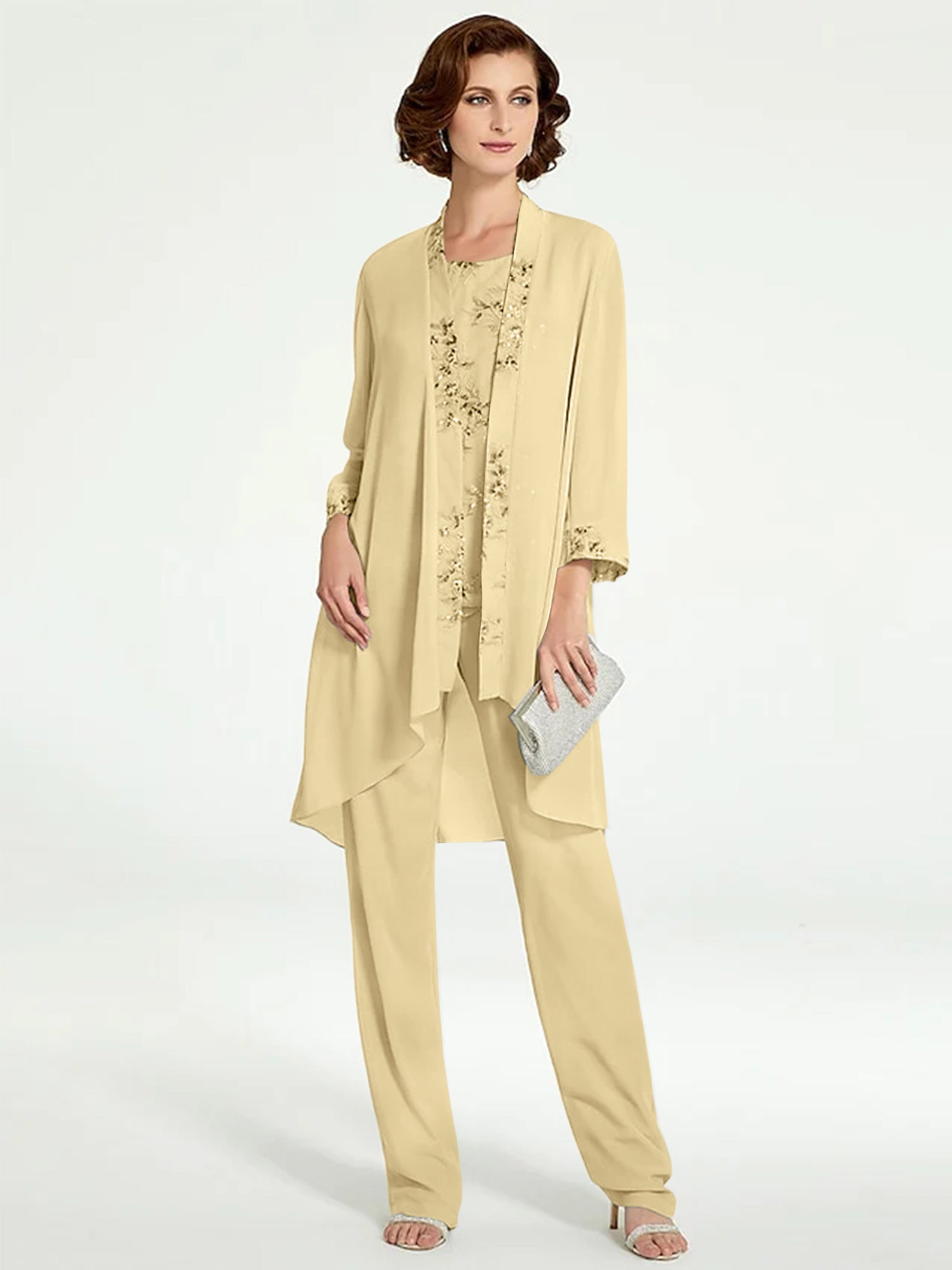 Floor-Length Round Neck Chiffon Pantsuits with Jacket for the Mother of the Bride