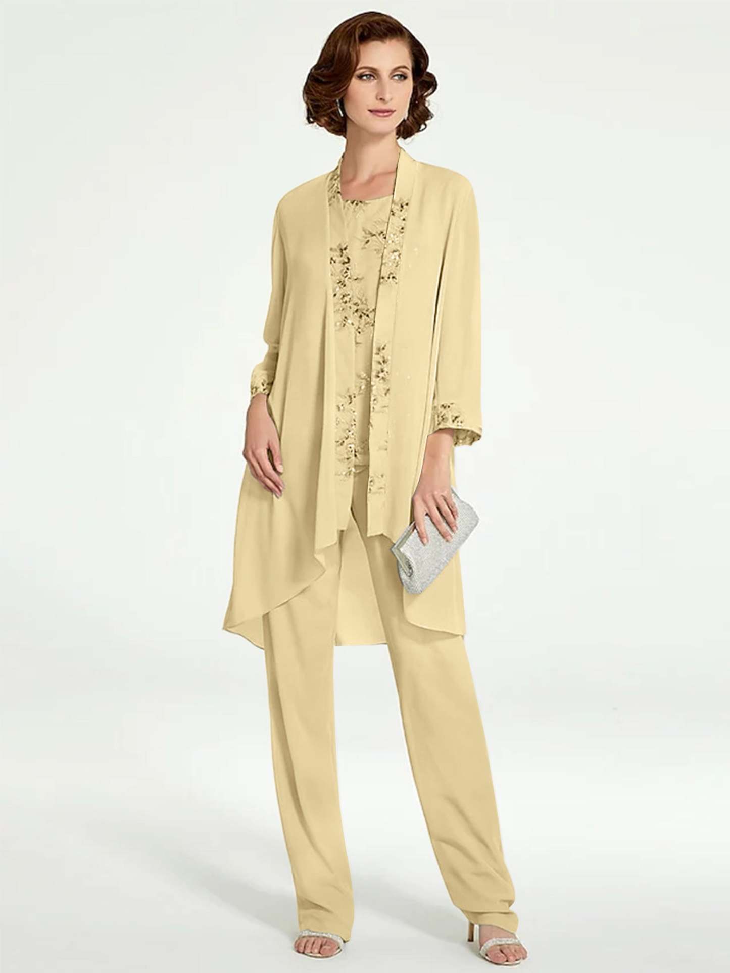 Floor-Length Round Neck Chiffon Pantsuits with Jacket for the Mother of the Bride