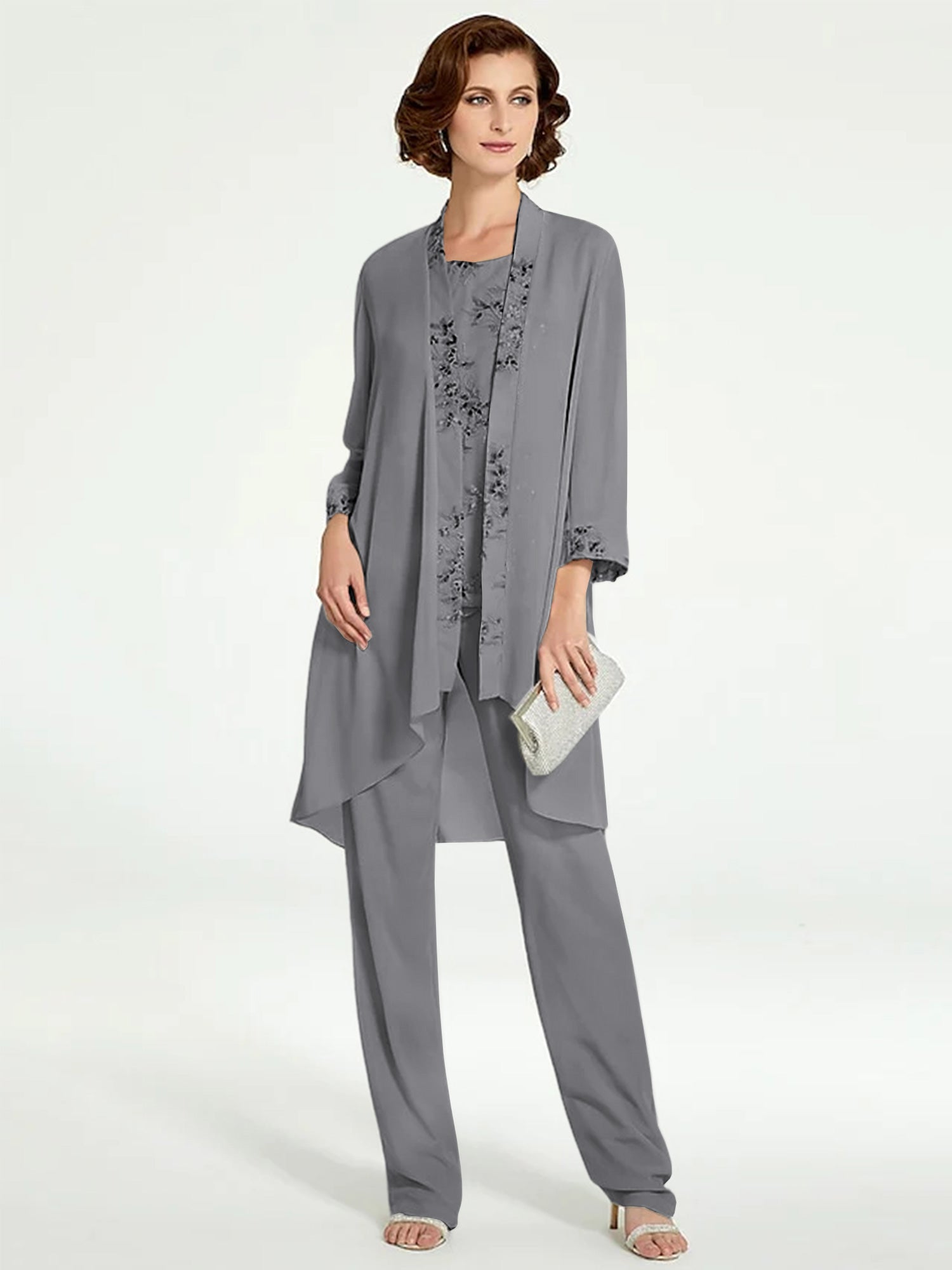 Floor-Length Round Neck Chiffon Pantsuits with Jacket for the Mother of the Bride