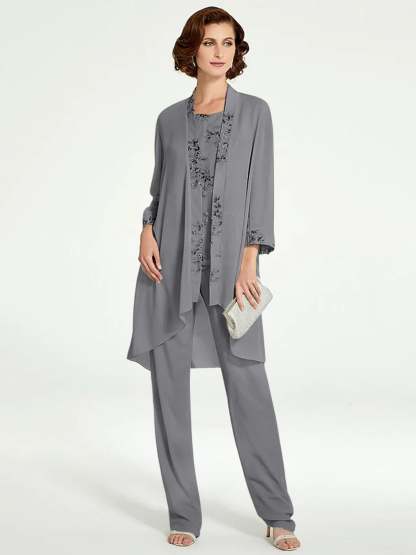 Floor-Length Round Neck Chiffon Pantsuits with Jacket for the Mother of the Bride
