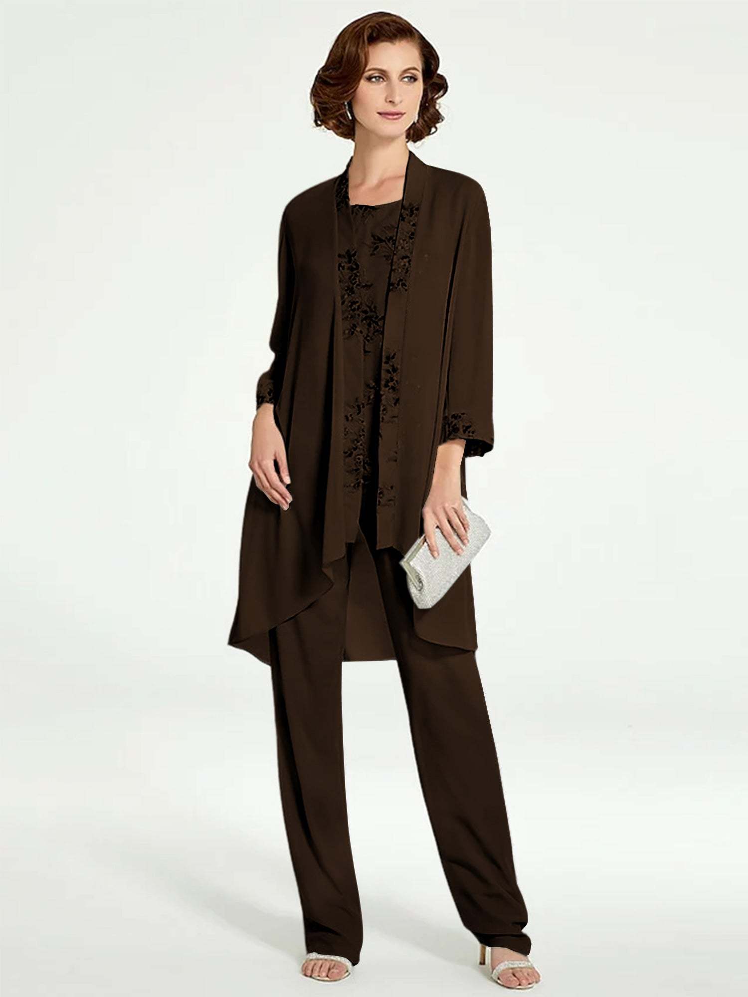 Floor-Length Round Neck Chiffon Pantsuits with Jacket for the Mother of the Bride