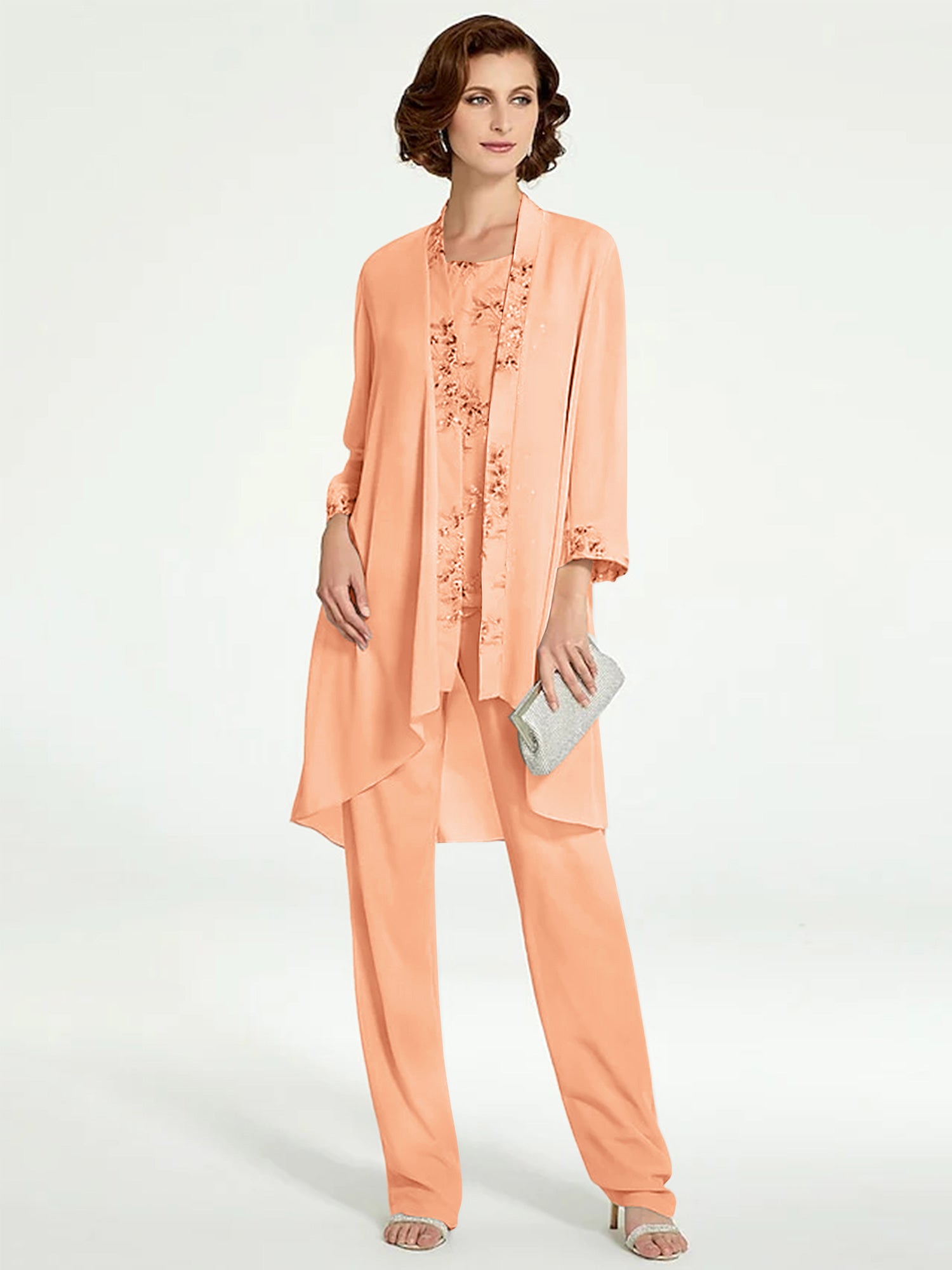 Floor-Length Round Neck Chiffon Pantsuits with Jacket for the Mother of the Bride