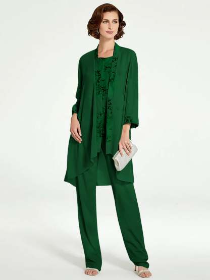 Floor-Length Round Neck Chiffon Pantsuits with Jacket for the Mother of the Bride