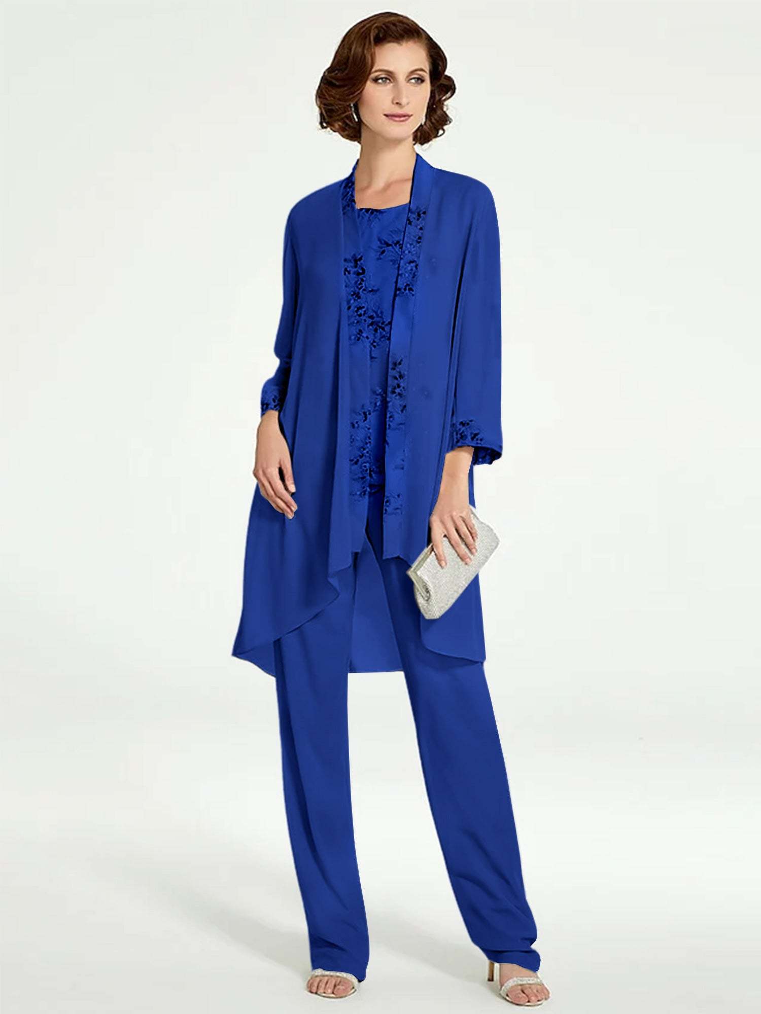 Floor-Length Round Neck Chiffon Pantsuits with Jacket for the Mother of the Bride