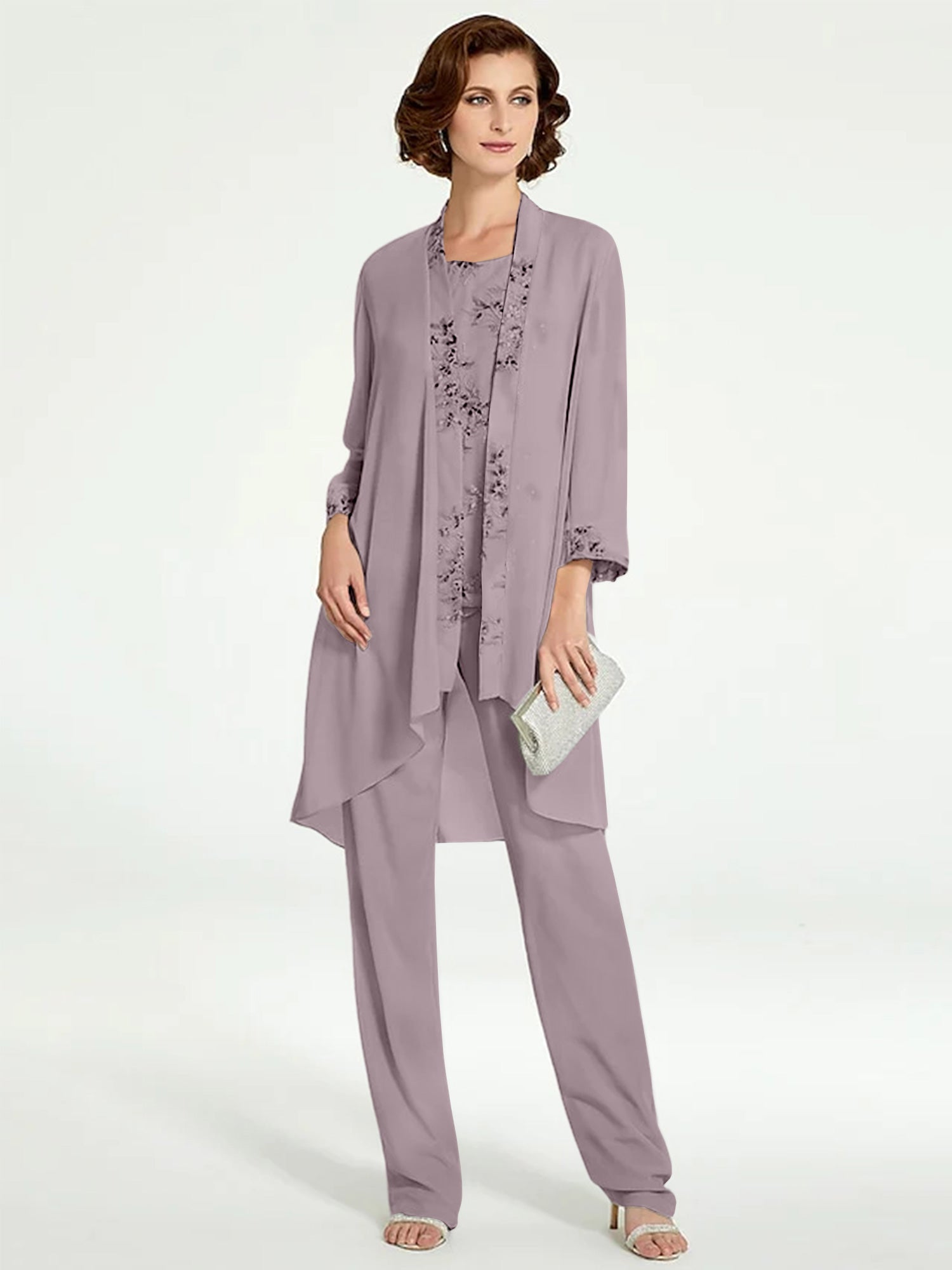 Floor-Length Round Neck Chiffon Pantsuits with Jacket for the Mother of the Bride