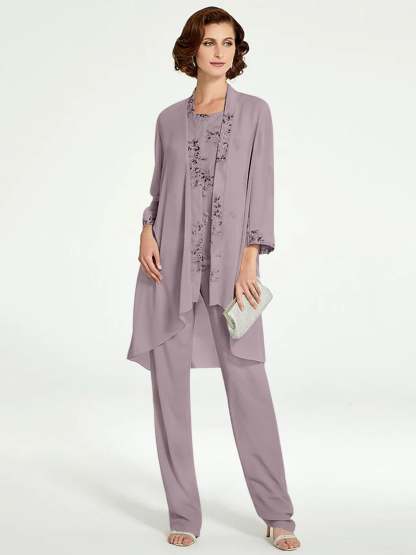 Floor-Length Round Neck Chiffon Pantsuits with Jacket for the Mother of the Bride