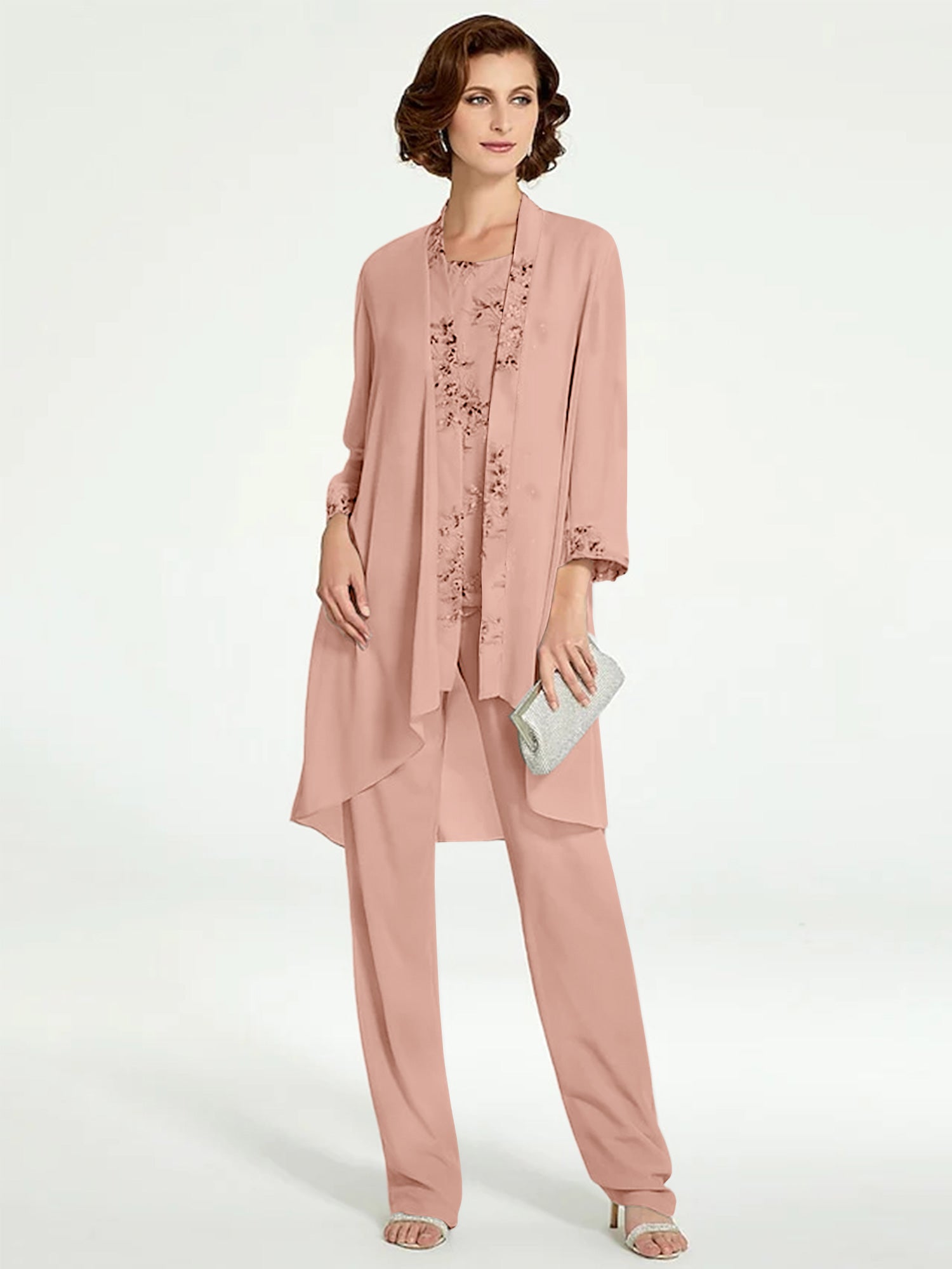 Floor-Length Round Neck Chiffon Pantsuits with Jacket for the Mother of the Bride