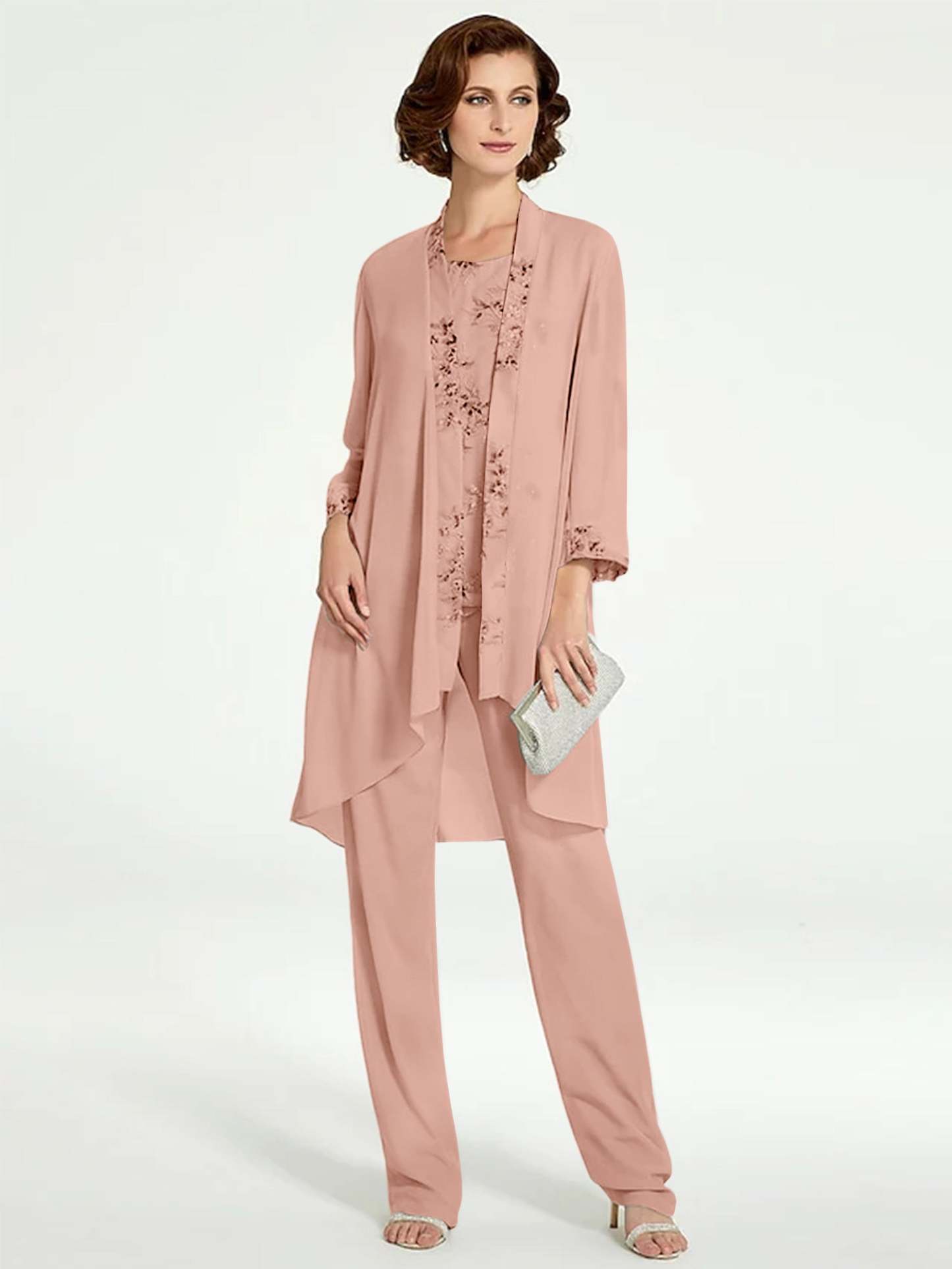 Floor-Length Round Neck Chiffon Pantsuits with Jacket for the Mother of the Bride