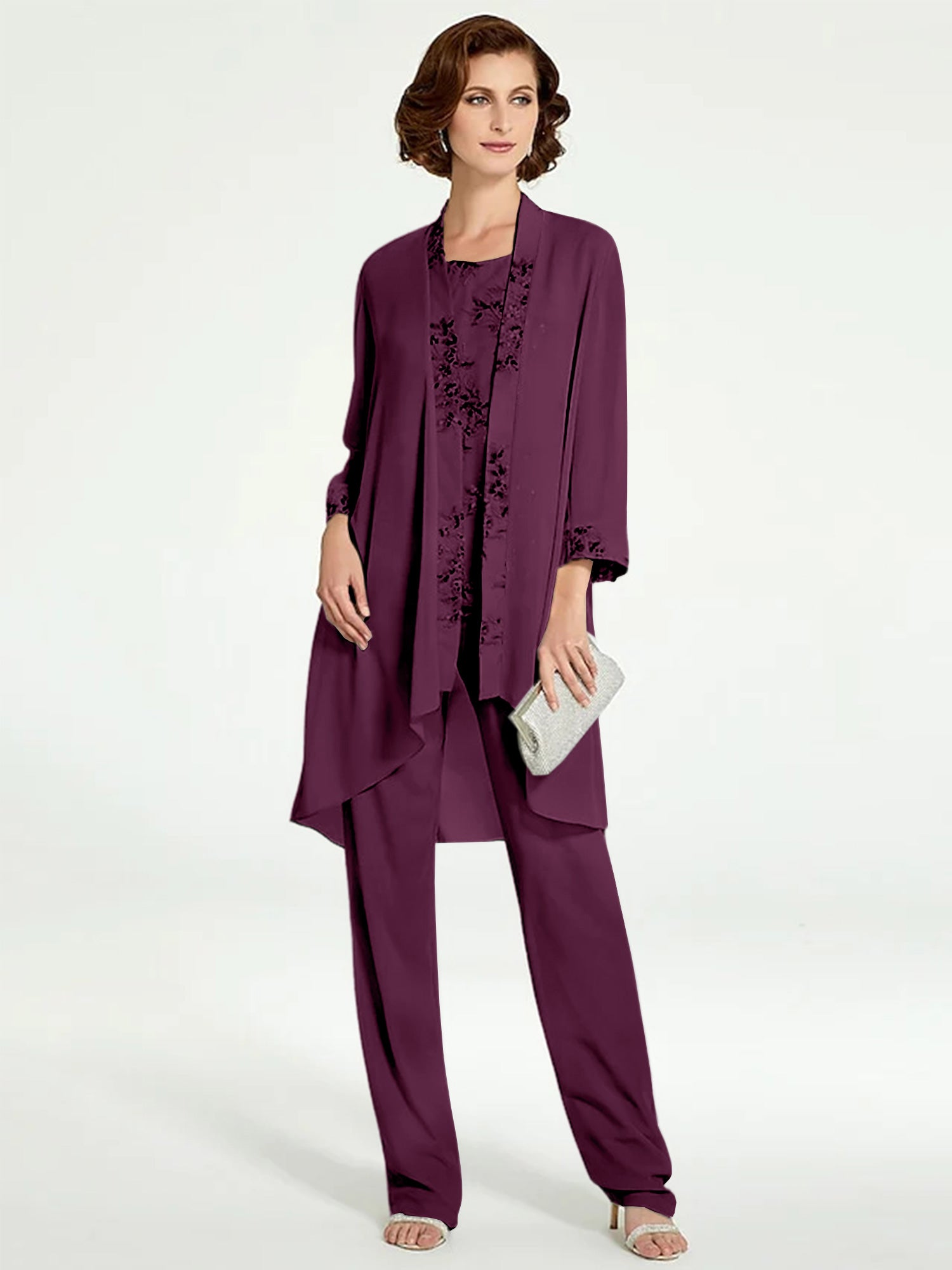 Floor-Length Round Neck Chiffon Pantsuits with Jacket for the Mother of the Bride