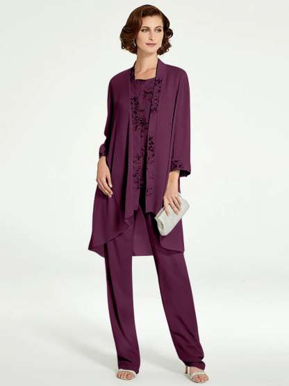 Floor-Length Round Neck Chiffon Pantsuits with Jacket for the Mother of the Bride
