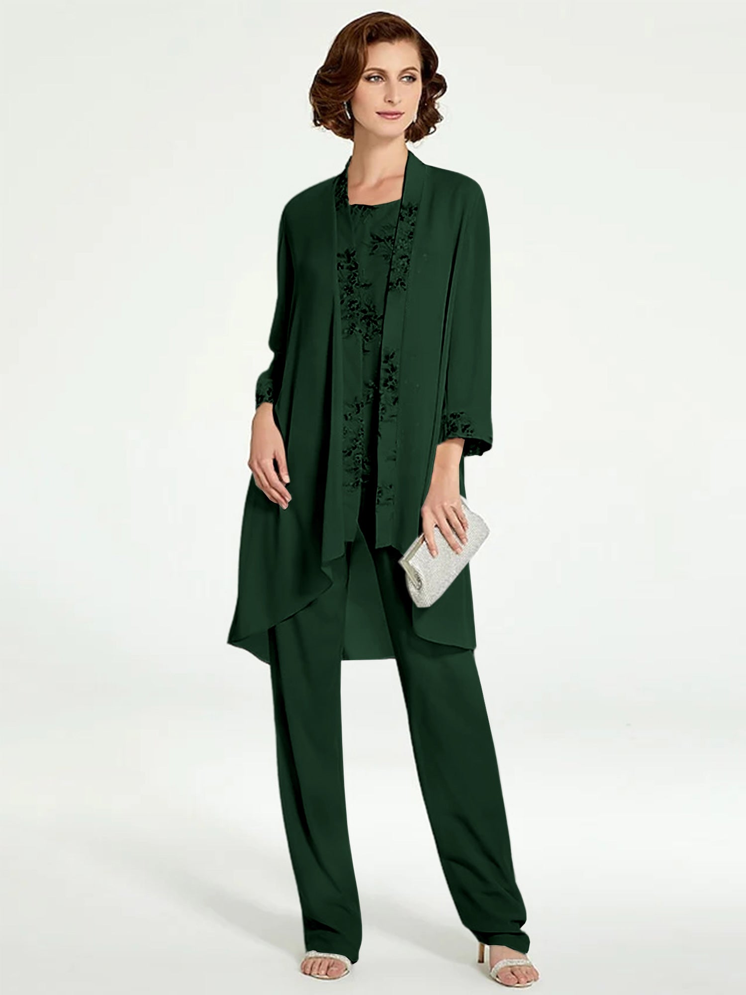 Floor-Length Round Neck Chiffon Pantsuits with Jacket for the Mother of the Bride