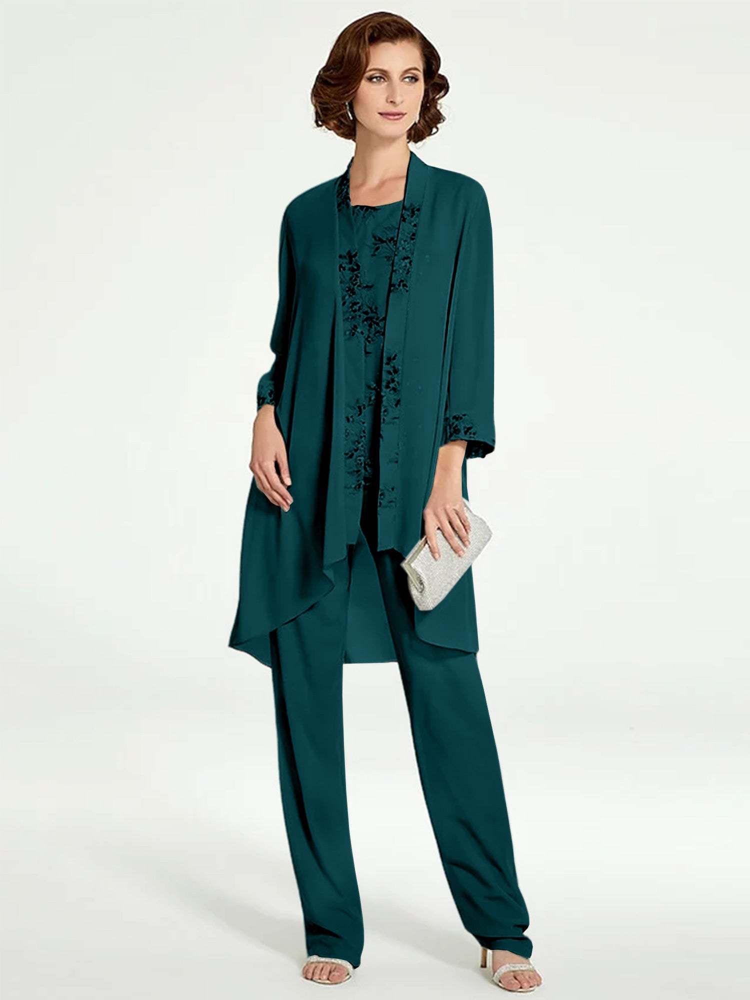 Floor-Length Round Neck Chiffon Pantsuits with Jacket for the Mother of the Bride