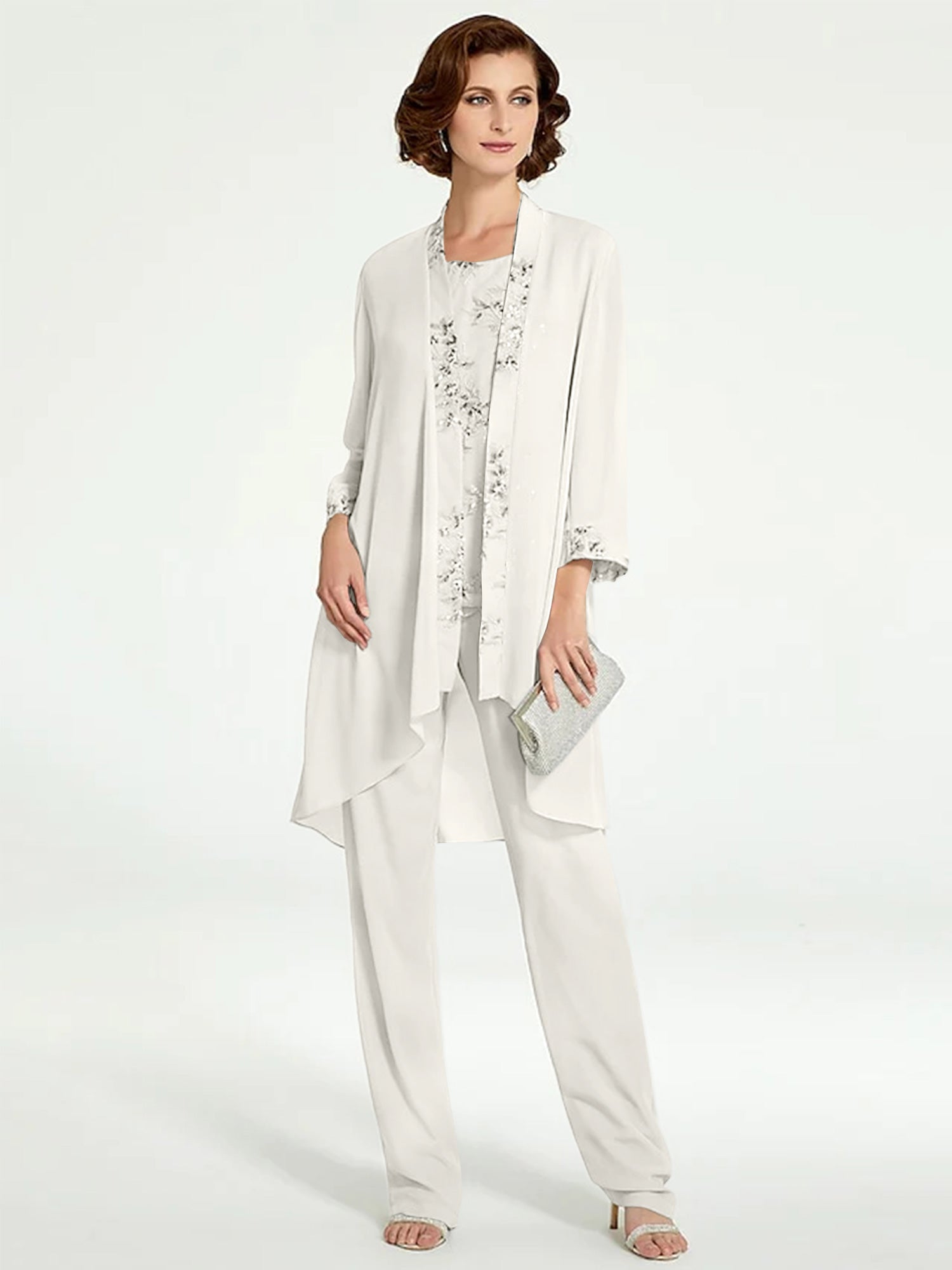 Floor-Length Round Neck Chiffon Pantsuits with Jacket for the Mother of the Bride