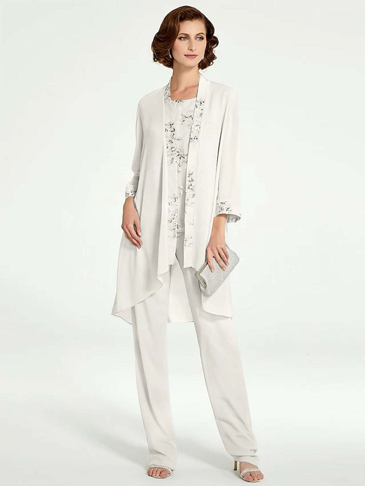 Floor-Length Round Neck Chiffon Pantsuits with Jacket for the Mother of the Bride