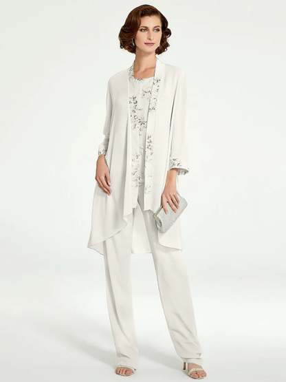 Floor-Length Round Neck Chiffon Pantsuits with Jacket for the Mother of the Bride
