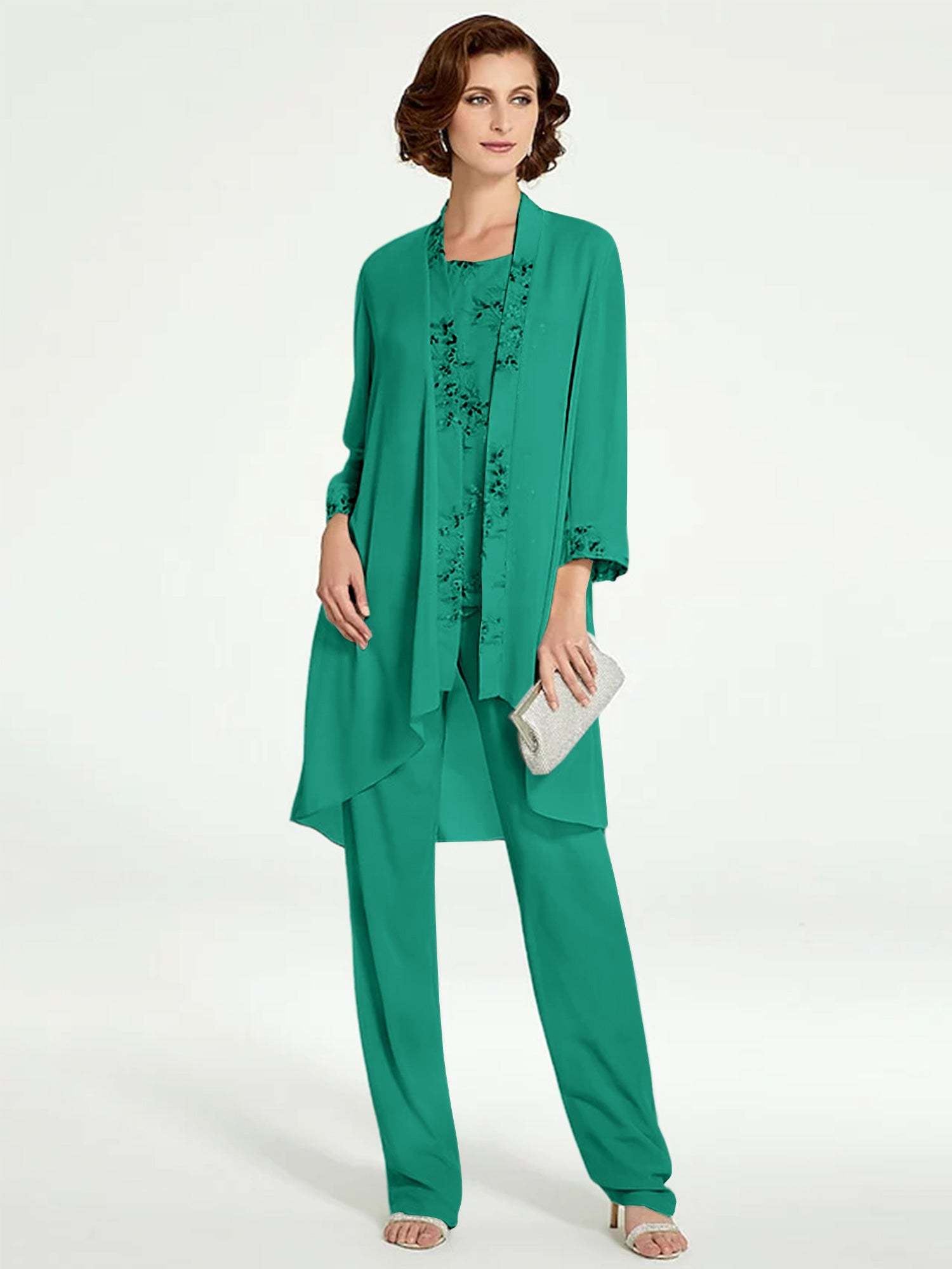 Floor-Length Round Neck Chiffon Pantsuits with Jacket for the Mother of the Bride