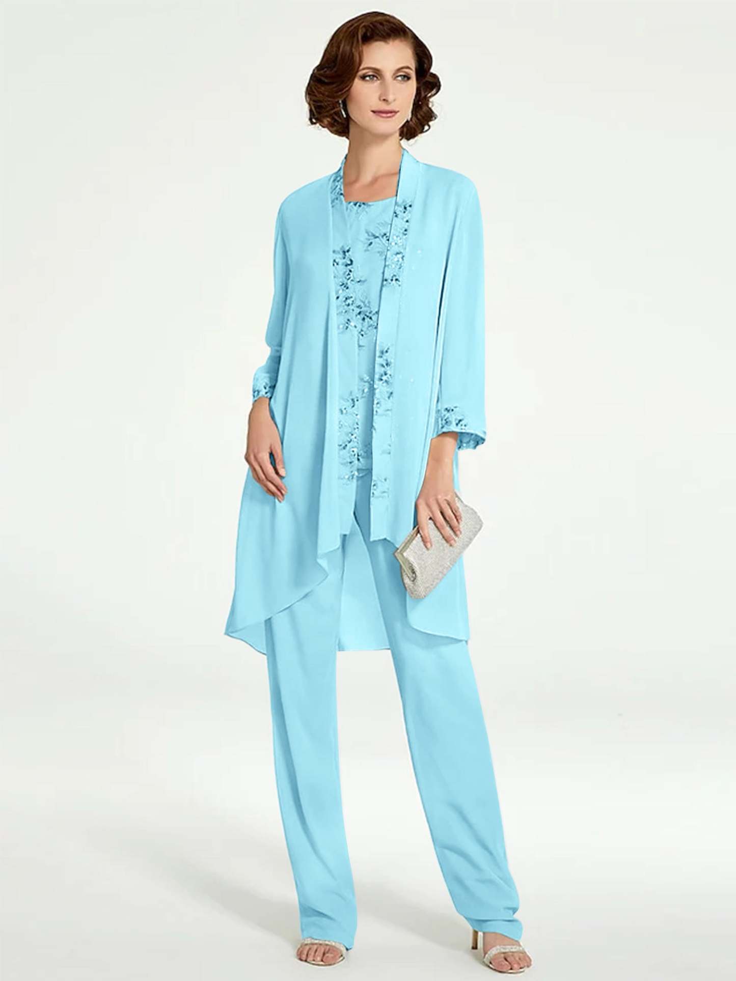 Floor-Length Round Neck Chiffon Pantsuits with Jacket for the Mother of the Bride