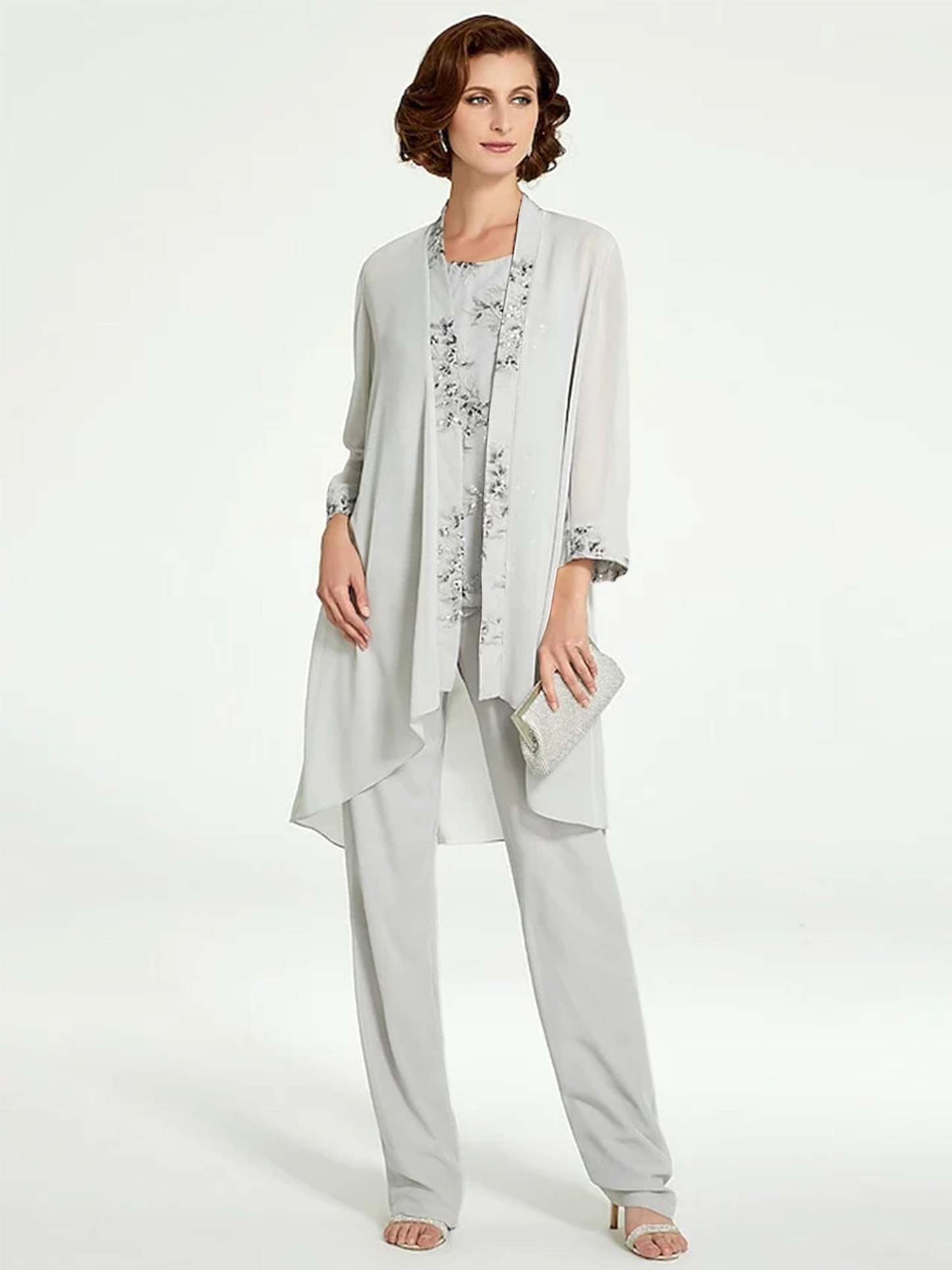 Floor-Length Round Neck Chiffon Pantsuits with Jacket for the Mother of the Bride